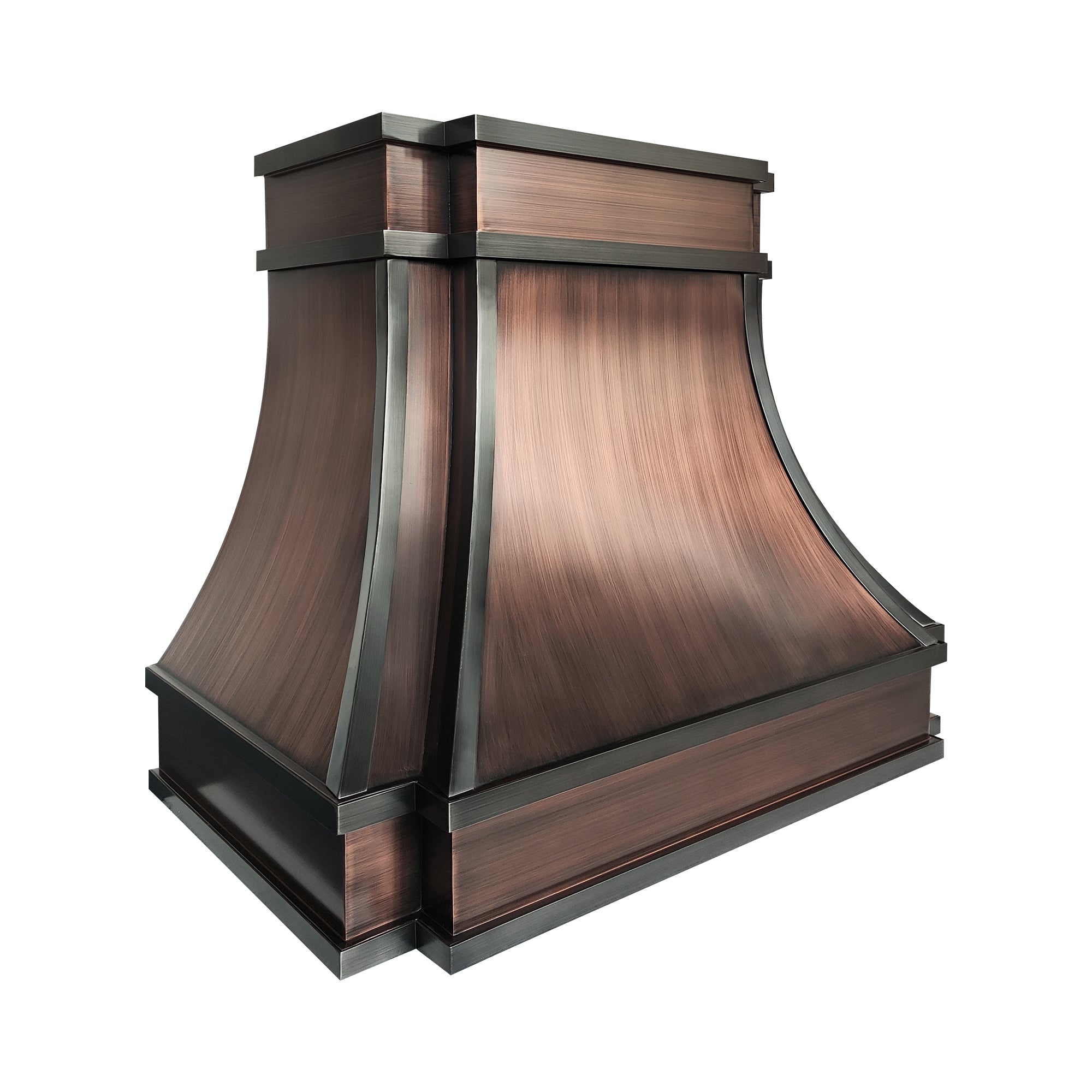 antiqued brushed copper custom curved range hood with dark gunmetal trim view
