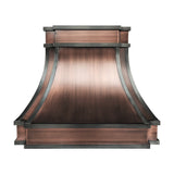 antiqued brushed copper custom curved range hood with dark gunmetal trim front view