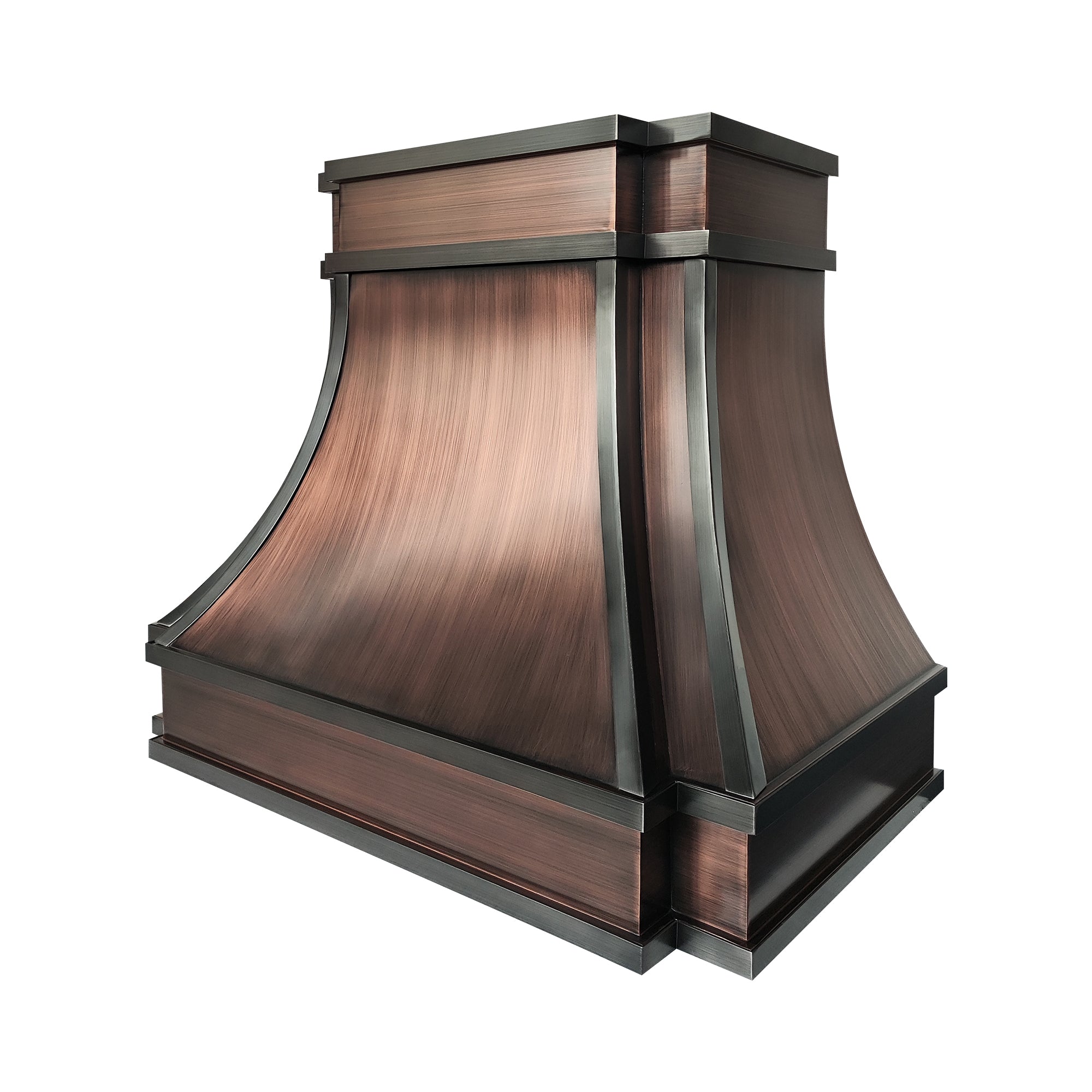 antiqued brushed copper custom curved range hood with dark gunmetal trim view