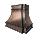 antiqued brushed copper custom curved range hood with dark gunmetal trim view