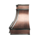 antiqued brushed copper custom curved range hood with dark gunmetal trim side view