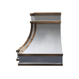 prime stainless steel range hood with brass straps side view