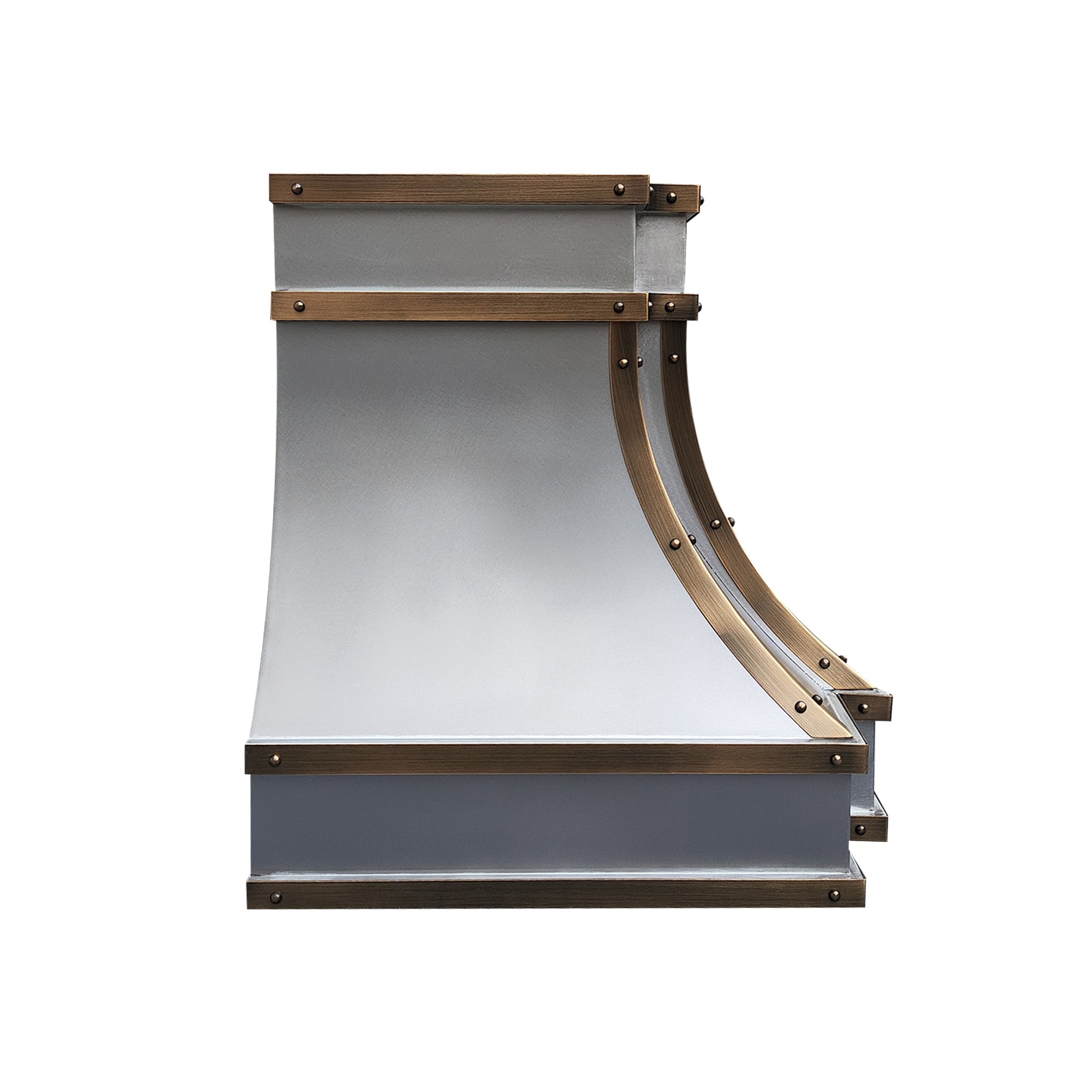 prime stainless steel range hood with brass straps side view