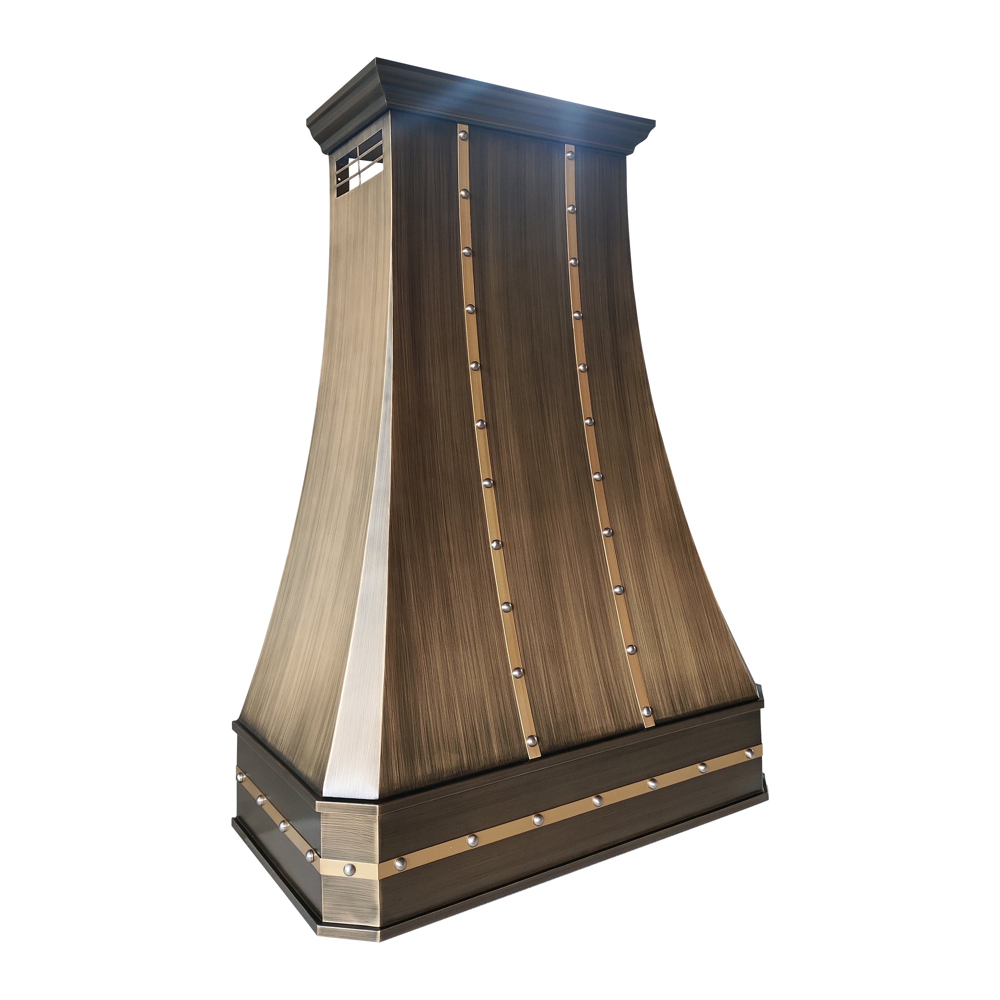 custom antique brass tapered range hood with hand-riveted brass straps, side view