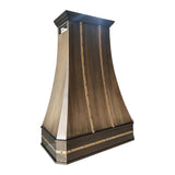 custom antique brass tapered range hood with hand-riveted brass straps, side view