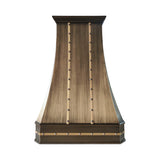 custom antique brass tapered range hood with hand-riveted brass straps, front view 
