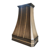 custom antique brass tapered range hood with hand-riveted brass straps, side view
