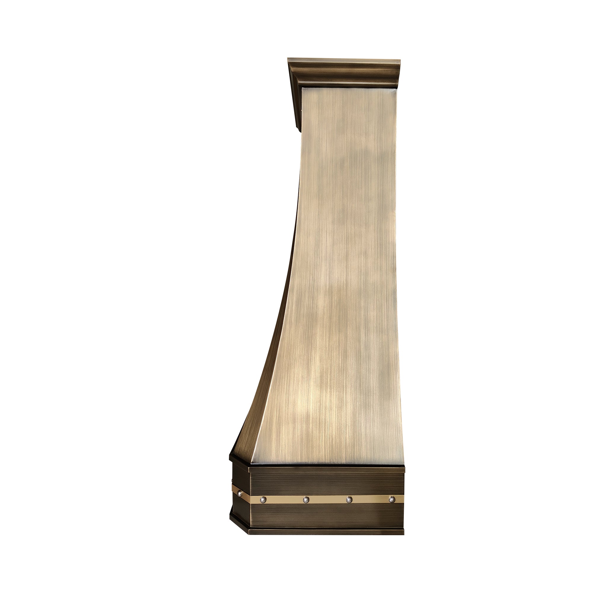 luxury handcrafted vintage brass kitchen vent hood with riveted accents, tapered silhouette
