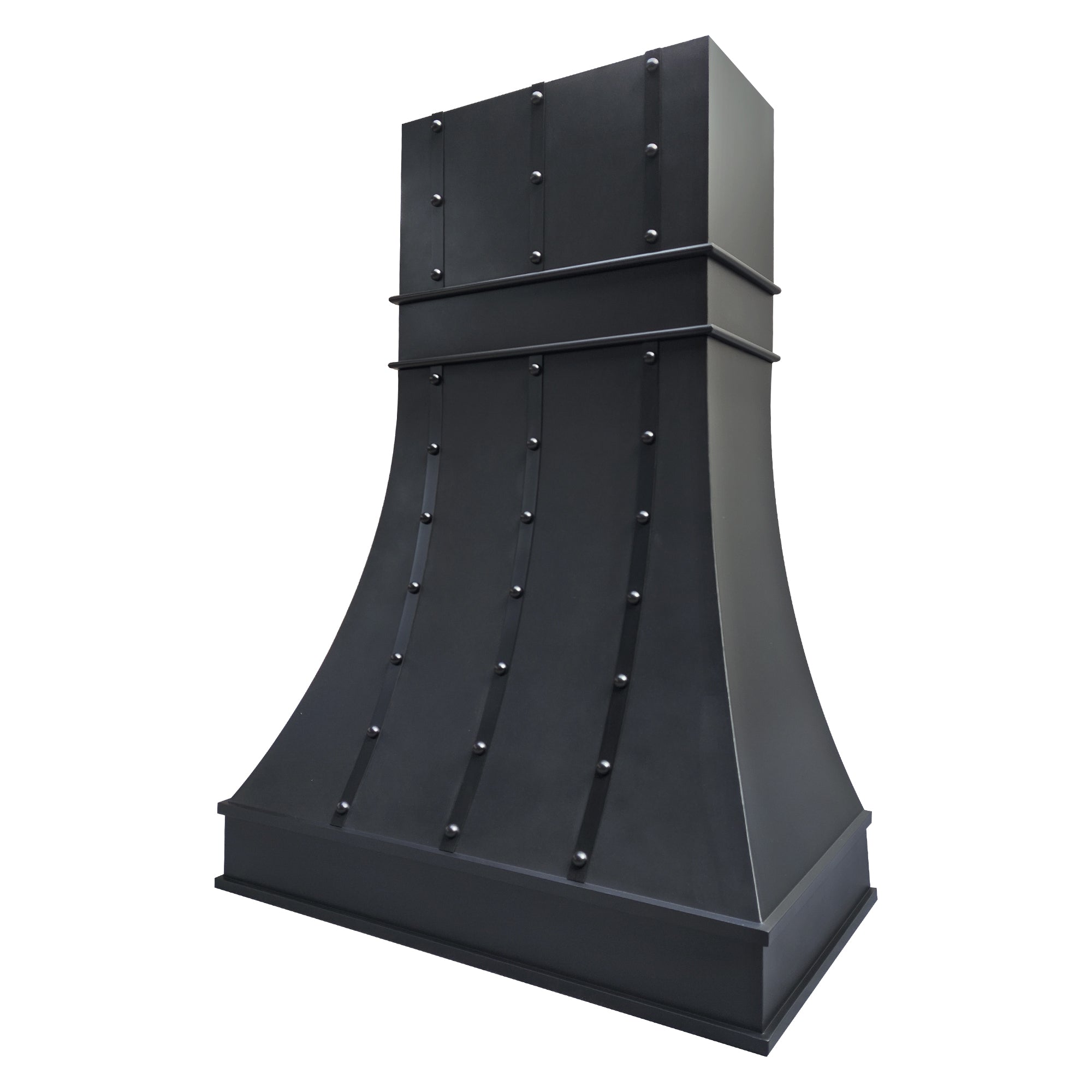 matte black curved stainless steel range hood with vertical rivet straps side view