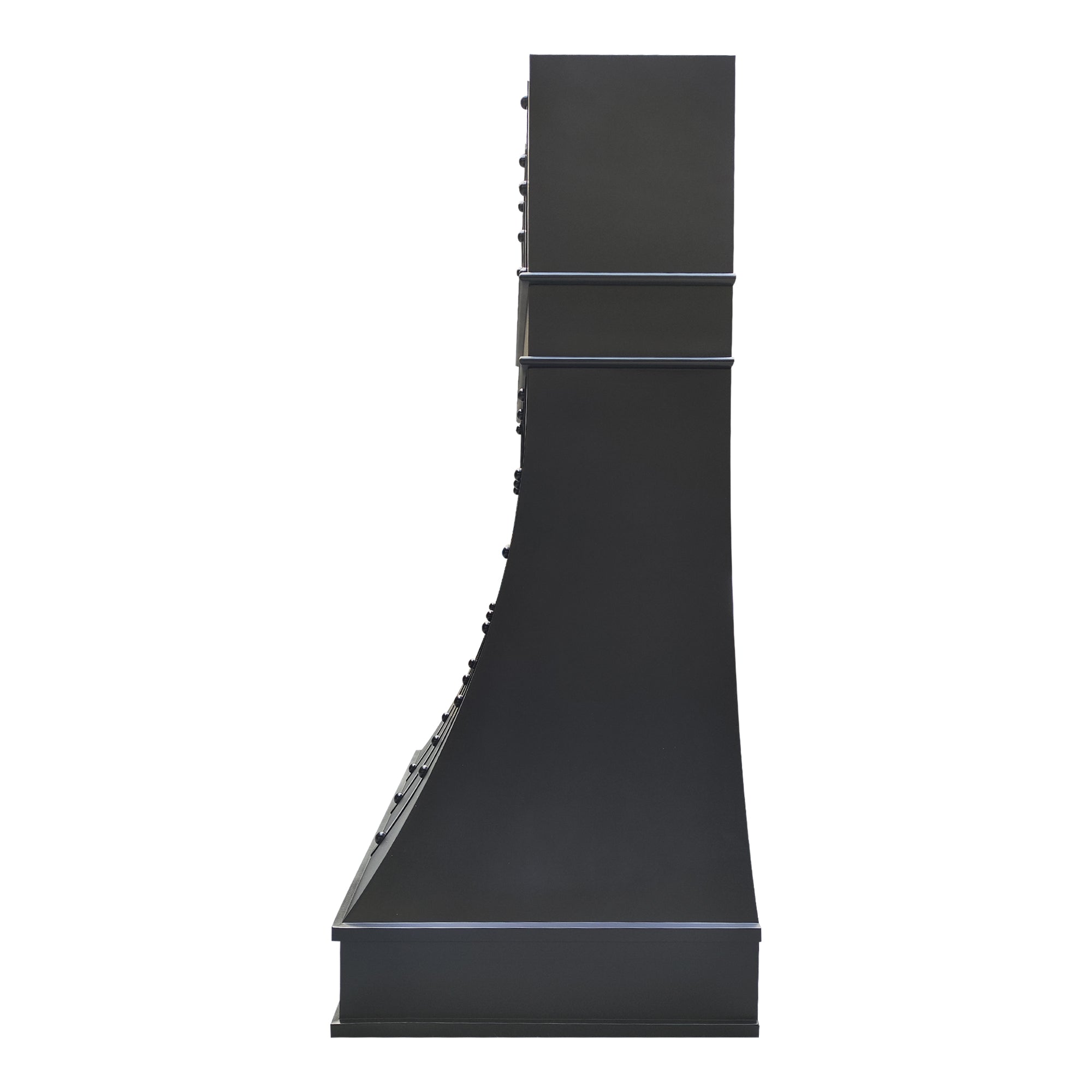 handcrafted refined curved matte black stainless steel range hood, industrial vertical black rivet detail, custom farmhouse wall mount kitchen vent hood