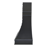 handcrafted refined curved matte black stainless steel range hood, industrial vertical black rivet detail, custom farmhouse wall mount kitchen vent hood