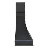 handcrafted refined curved matte black stainless steel range hood, industrial vertical black rivet detail, custom farmhouse wall mount kitchen vent hood