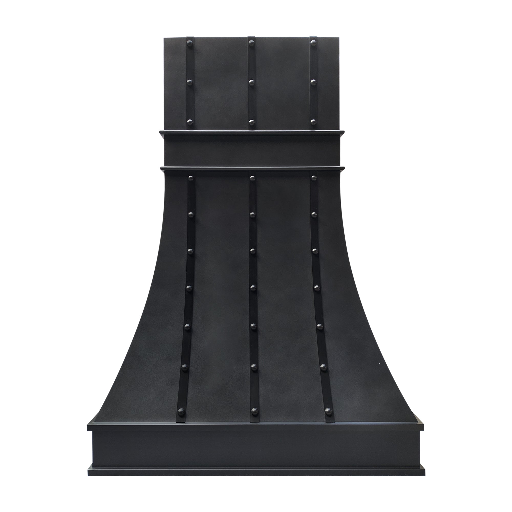 matte black curved stainless steel range hood with vertical rivet straps front view