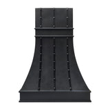 matte black curved stainless steel range hood with vertical rivet straps front view