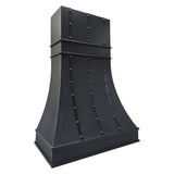 matte black curved stainless steel range hood with vertical rivet straps side view