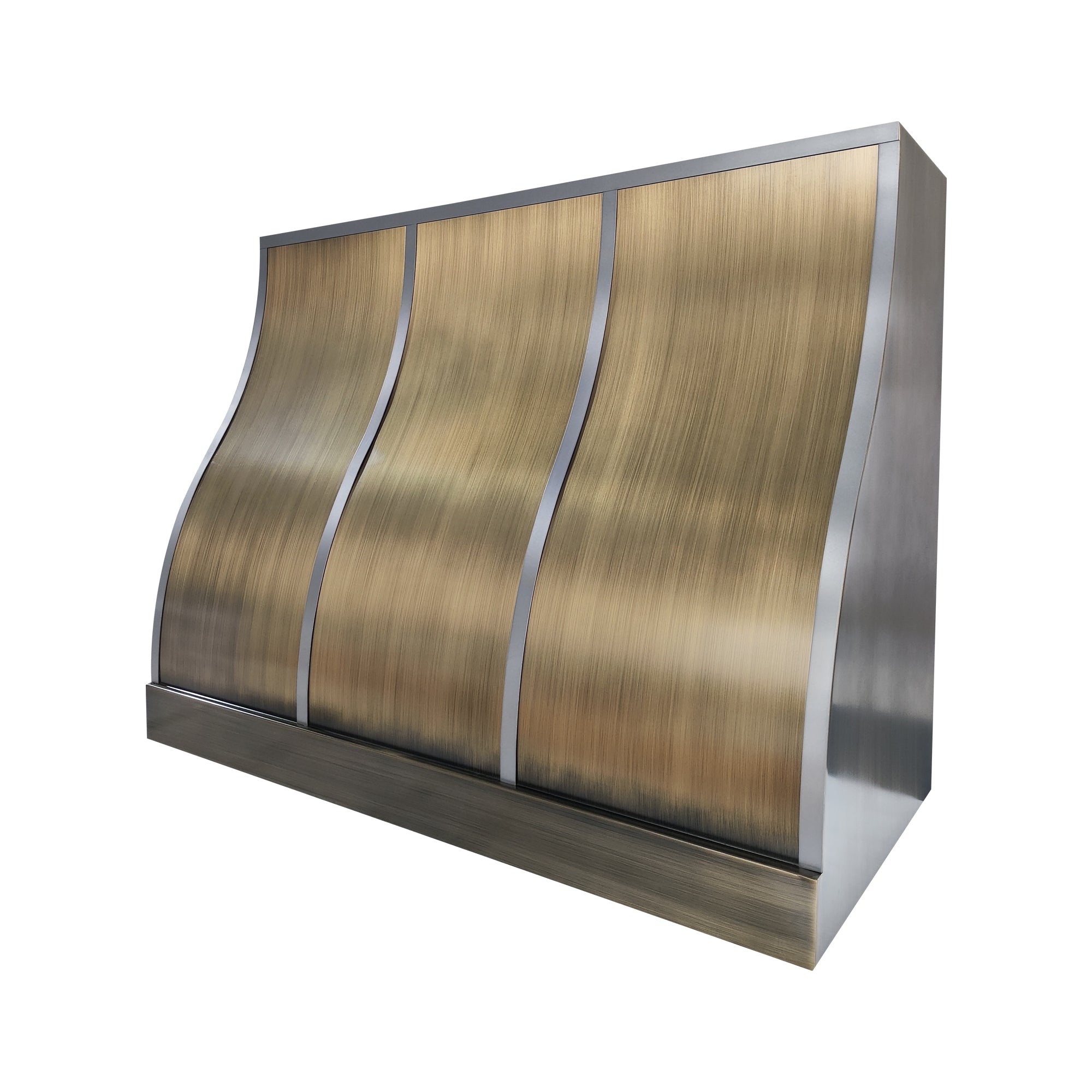 brushed brass stove hood with sleek and symmetric flow 