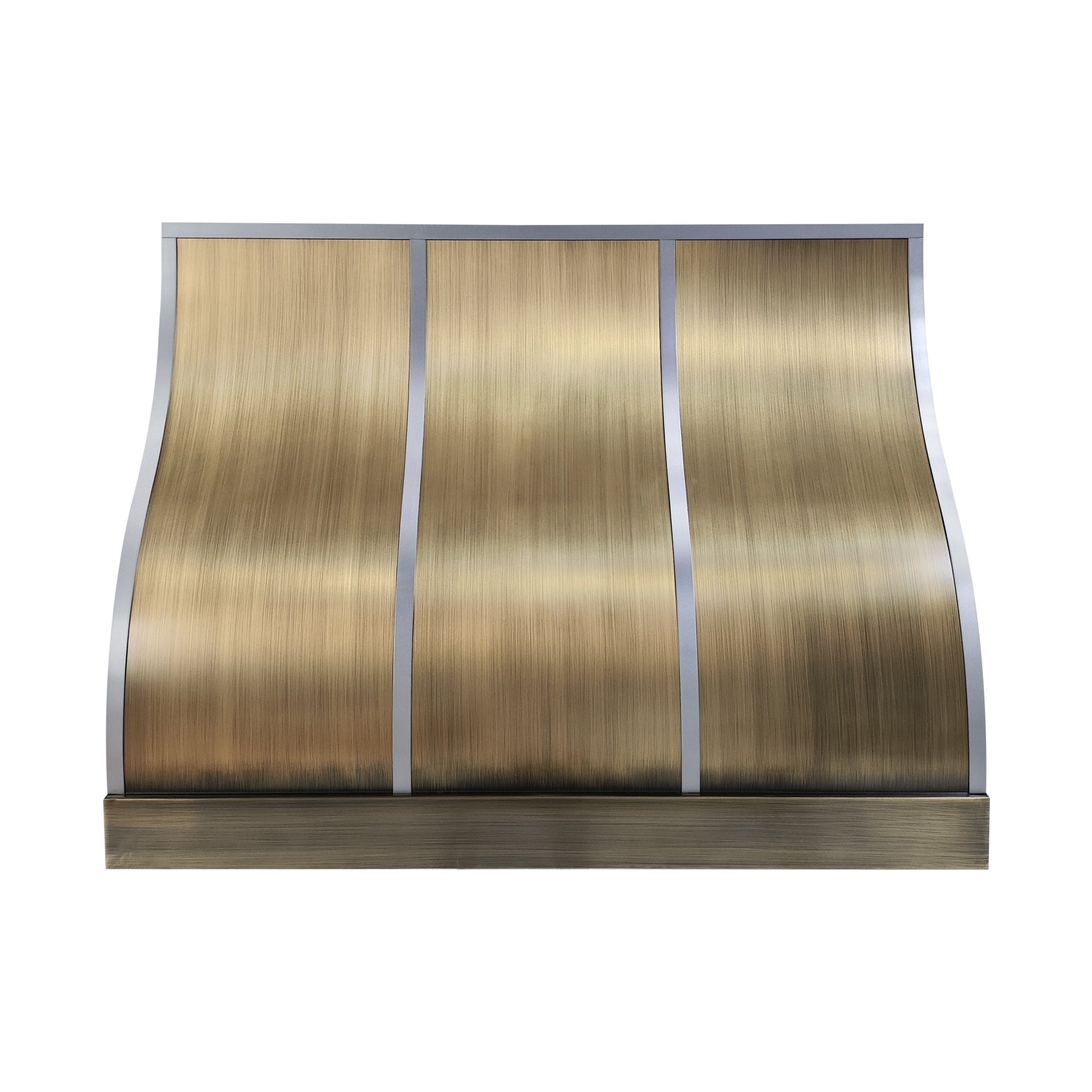 brushed brass kitchen hood with sleek and symmetric flow front view