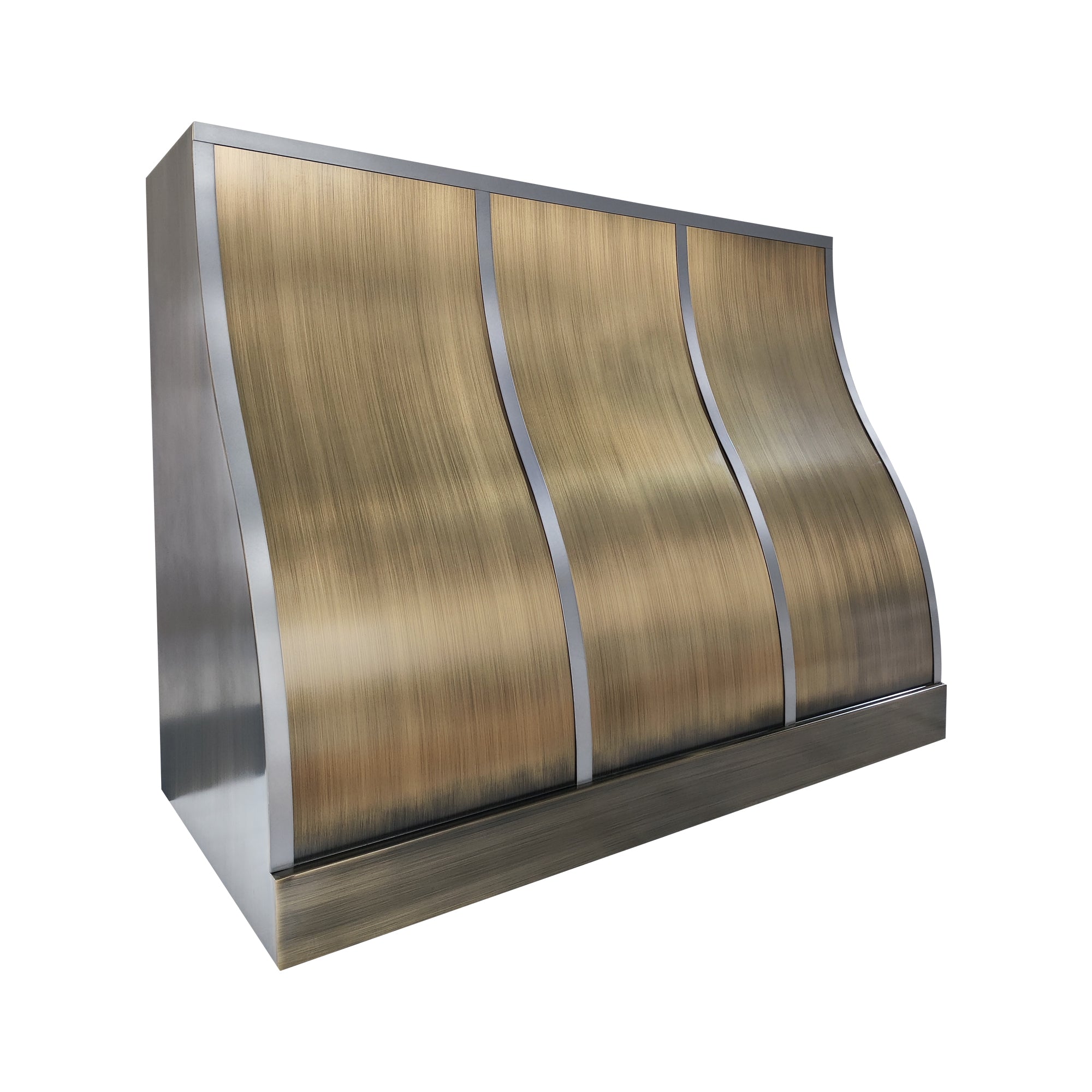 brushed brass range hood with sleek and symmetric flow view