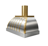 stainless steel range hood with brass straps and dome design