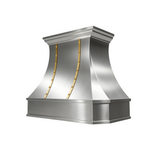 refine curved brushed stainless steel vent hood with brass straps and rivets