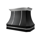 black stainless steel range hood with brushed stainless steel crown and polished round rivets