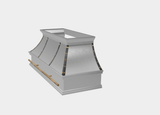stainless steel range hood with brass pot rail