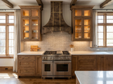 refine curved zinc stove hood decorated with brass accents 