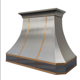 Stainless steel range hood with brass accents