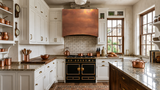 copper range hood with fire patina