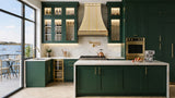 modern open kitchen with wall mount brass range hood 
