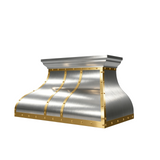 brushed stainless steel range hood with brass accents 