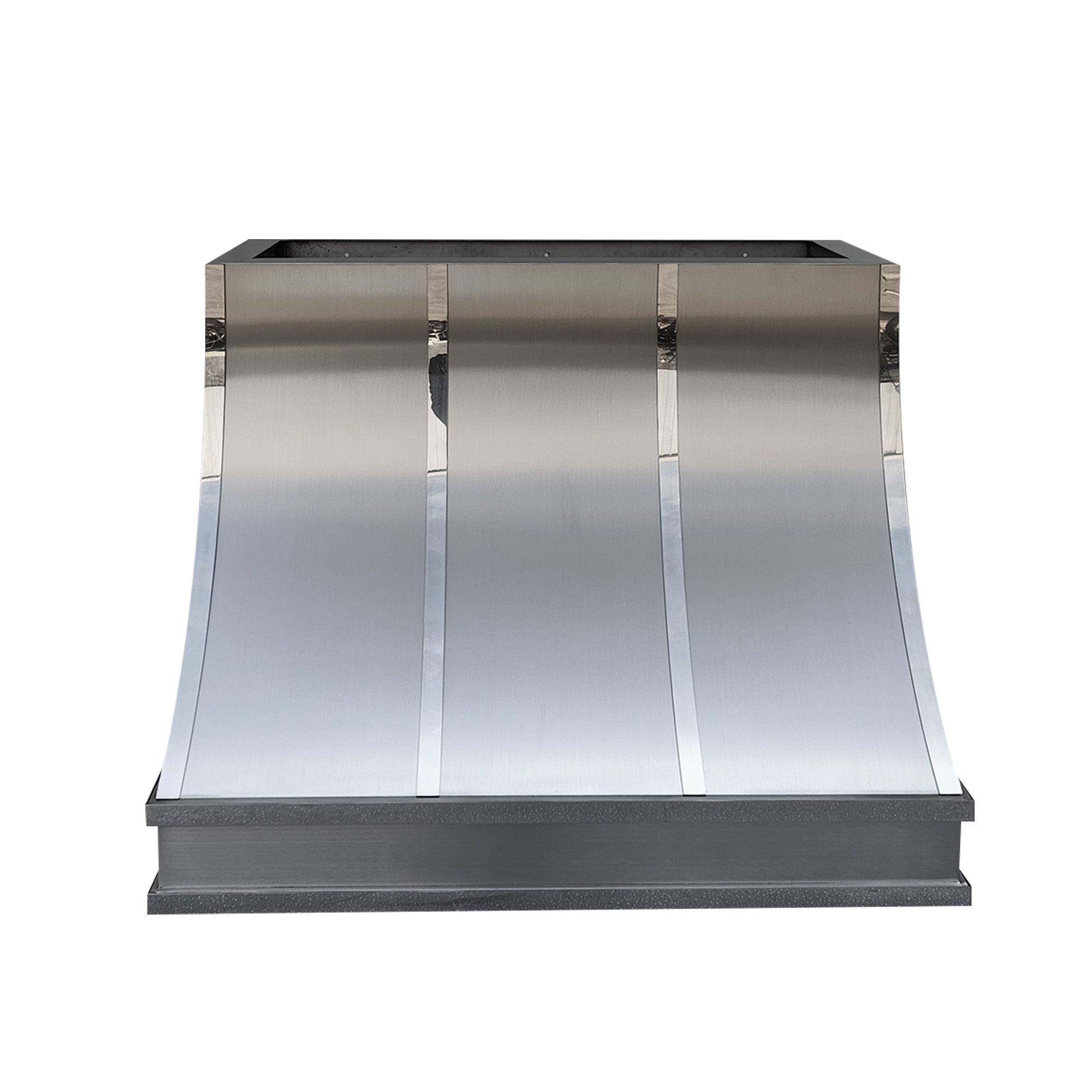 sleek minimalist stainless steel vent hood with polished straps front view