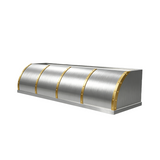 brushed stainless steel vent hood with brass accents