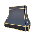 matte stainless steel range hood decorated with brass straps and rivets