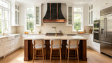 zinc vent hood with copper accents suitable in farmhouse kitchen
